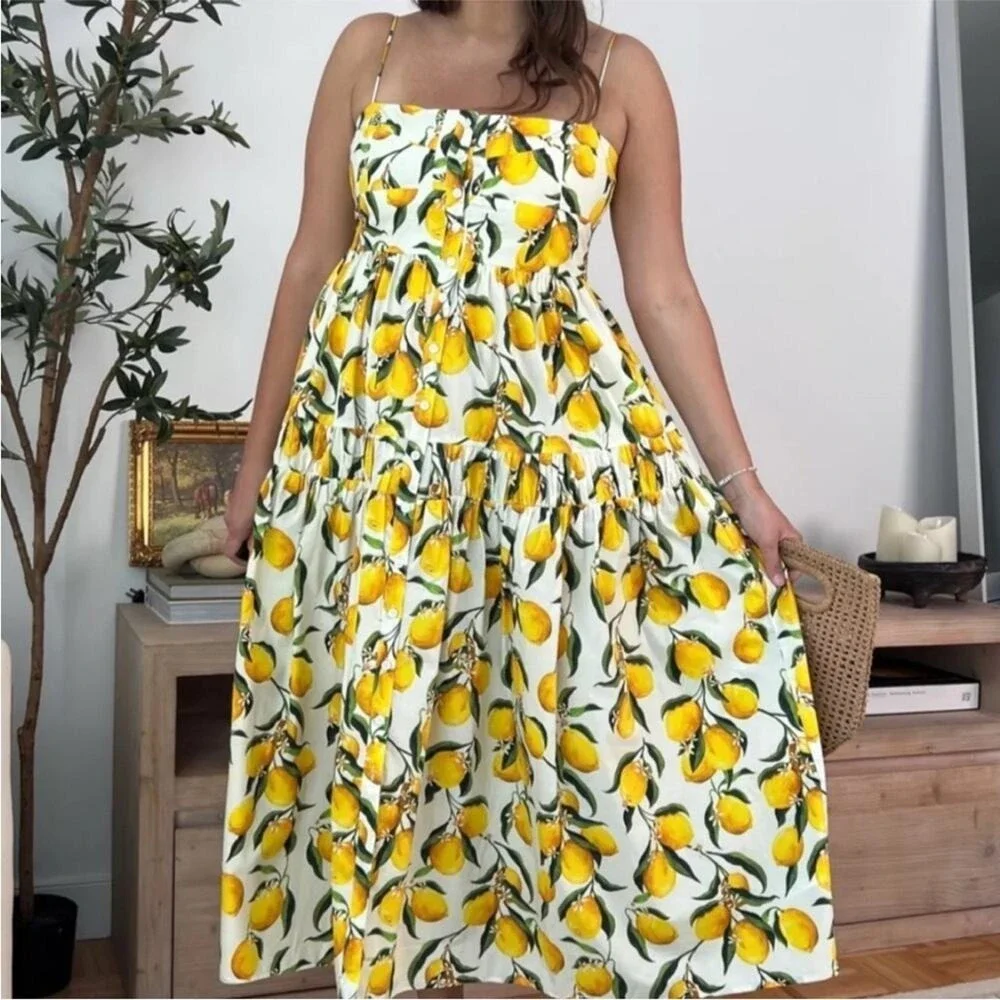 🍋 J. Crew a line midi Lemon limoncello Print Sleeveless Dress 8